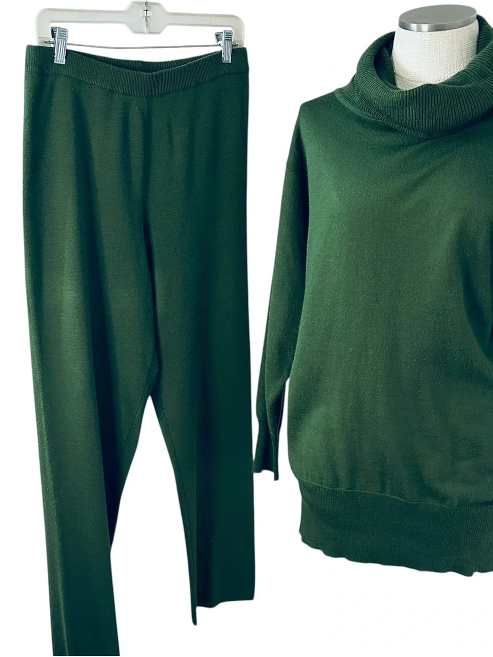 Vintage 90s Forest Green Knit Set Cowl Neck Sweater Leggings Cozy Minimalist L